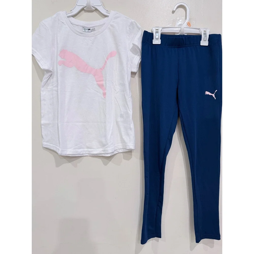 Puma Girls 2 Piece Activewear Set White Pink Logo Tee Navy Leggings Size M 8-10